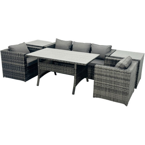 Fimous Outdoor Dining Table Sofa Armchair Set with 2 Side Tables Garden Furniture Set Dark Grey Mixed (1/5)