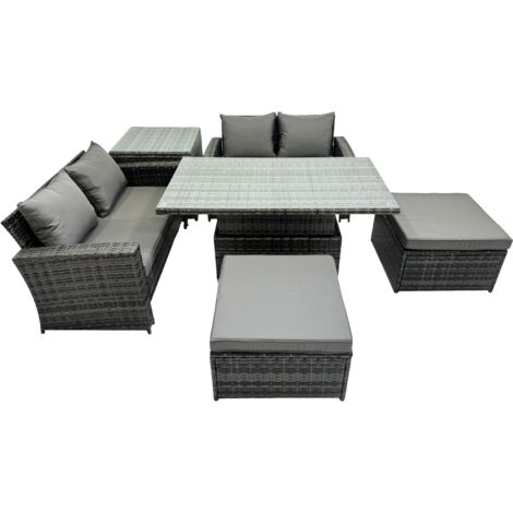 Fimous Outdoor Love Sofa Set 6 Seat Rattan Garden Furniture Set with Adjustable Lifting Dining or Coffee Table 2 Big Stools Dark Grey Mixed (1/5)