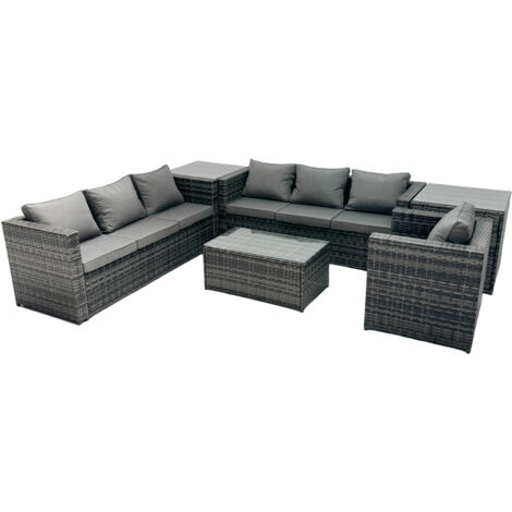 Fimous Rattan Garden Furniture Dining Set 7-seater Patio Coffee Table Sofa Set with 2 Side Tables Dark Grey Mixed (1/5)