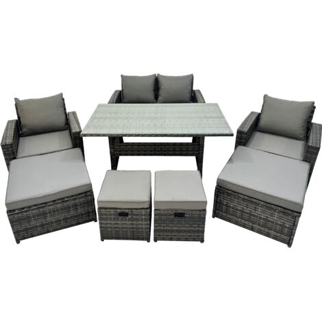 Fimous 8 Seater Wicker PE Rattan Furniture Outdoor Dining Table Double Seat Sofa 4 Stools Set Dark Grey Mixed (1/5)
