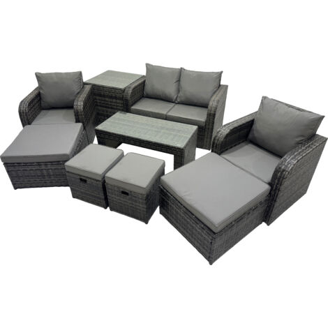 Fimous 3 Seater Sofa Reclining Chair Coffee Table Set Rattan Garden Outdoor Furniture Set with 2 Side Tables 4 Stool Dark Grey Mixed