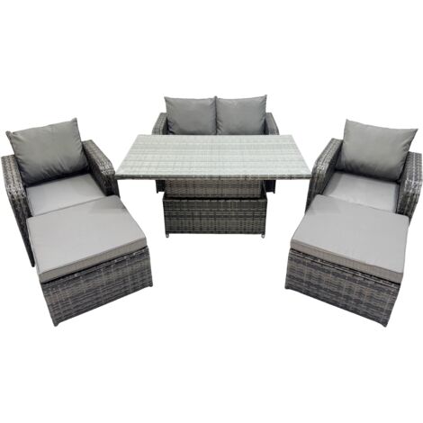Fimous 6-seater Patio Height Adjustable Rising Lifting Table Sofa Sets Rattan Garden Furniture Dining Set with 2 Big Footstool Dark Grey Mixed (1/5)