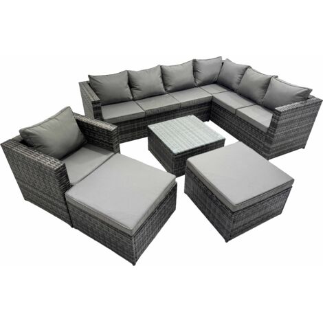 Fimous Outdoor PE Rattan Garden Furniture Sofa Set with Square Coffee Table Chair 2 Big Stools Dark Grey (1/5)