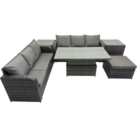 Fimous Rattan Garden Furniture Dining Set 7-seater Patio Height Adjustable Rising Lifting Table Sofa Set with 2 Side Table Dark Grey Mixed (1/5)