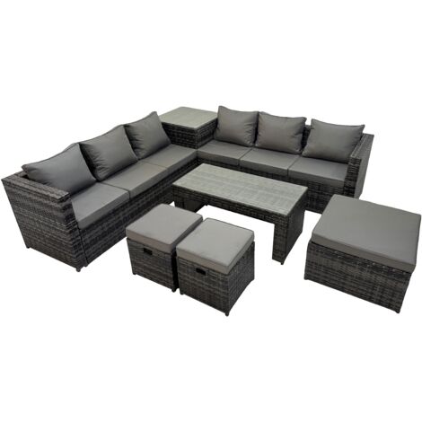 Fimous Garden Rattan Outdoor Furniture Set 9 Seater Patio Corner Sofa Oblong Coffee Table with 3 Stool Side Table Dark Grey (1/5)