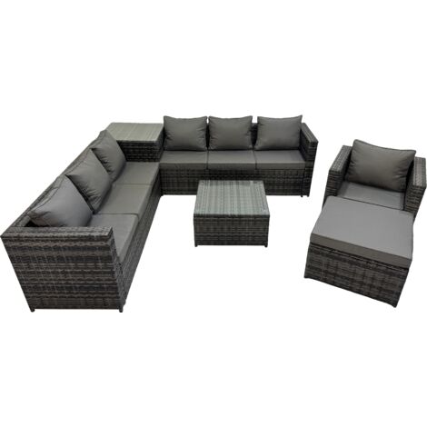 Fimous 8 Seater Garden Outdoor Rattan Furniture Set Patio Corner Sofa Coffee Table with Side Table Big Stool Dark Grey (1/5)