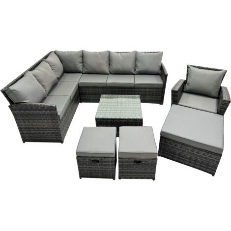 Fimous 10 Seat Poly Rattan Outdoor Patio Coffee Table Corner Sofa Set with 3 Stool Chair for Garden Backyard Dark Grey Mixed (1/5)