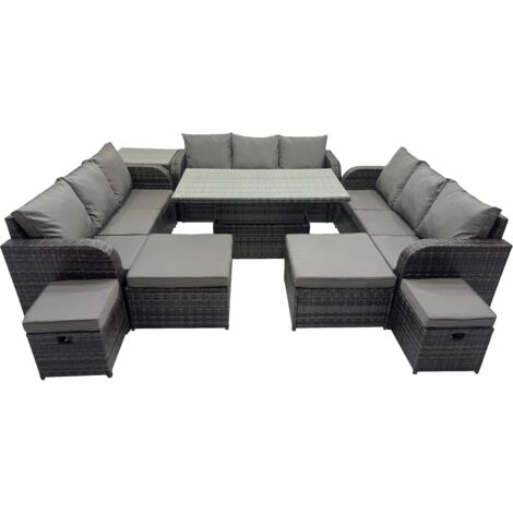 Fimous Rattan Garden Furniture Dining Set 13-seater Patio Height Adjustable Rising Lifting Table Sofa Set with Side Table Dark Grey Mixed (1/5)