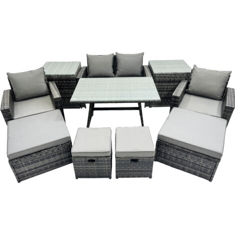 Fimous 8 Seater Wicker PE Rattan Furniture Outdoor Dining Table Double Seat Sofa 2 Side Tables 4 Stools Set Dark Grey Mixed (1/5)