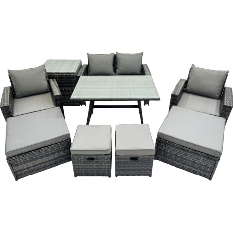 Fimous 8 Seater Wicker PE Rattan Furniture Outdoor Dining Table Double Seat Sofa Side Table 4 Stools Set Dark Grey Mixed (1/5)