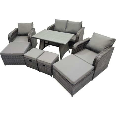 Fimous 8 Seater Garden Outdoor Rattan Furniture Set Rattan Sofa Oblong Dining Table with 2 Big Stools Dark Grey (1/5)