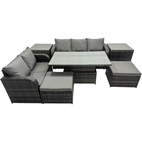 Fimous Rattan Garden Furniture Dining Set 7-seater Patio Height Adjustable Rising Lifting Table Sofa Set with 2 Side Tables Dark Grey Mixed (1/5)