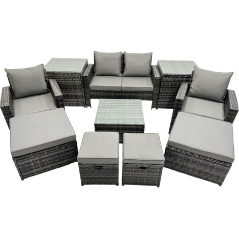 Fimous PE Rattan Garden Furniture Set Lounge Sofa Coffee Table Set with 2 Side Tables 4 Footstools Dark Grey Mixed (1/5)