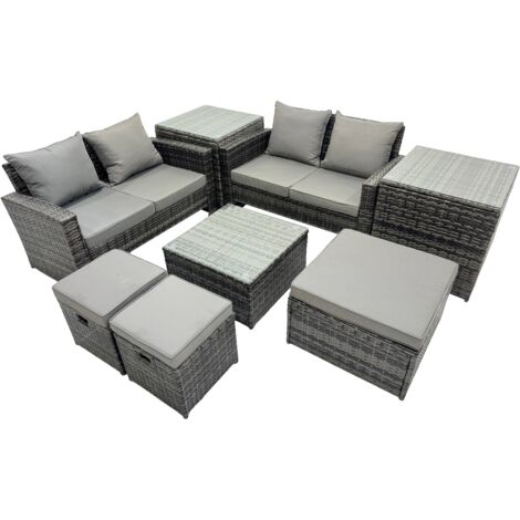 Fimous PE Rattan Garden Furniture Set Lounge Double Seat Sofa Coffee Table Set with 2 Side Tables 3 Stools Dark Grey Mixed (1/5)