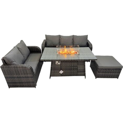 Fimous Garden Outdoor Rattan Furniture Set Rattan Love Sofa 3 Seater Sofa with Big Footstool Dark Grey Mixed (1/5)