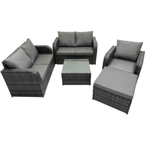 Fimous Rattan Garden Outdoor Furniture Set Love Sofa Square Coffee Table Set with Big Stool Dark Grey Mixed (1/5)