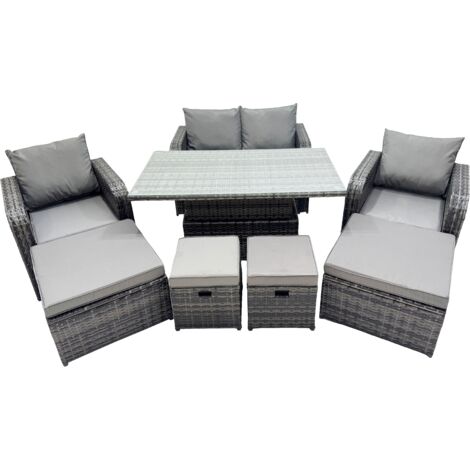 Fimous 8-seater Patio Height Adjustable Rising Lifting Table Sofa Sets Rattan Garden Furniture Dining Set with 4 Footstool Dark Grey Mixed (1/5)