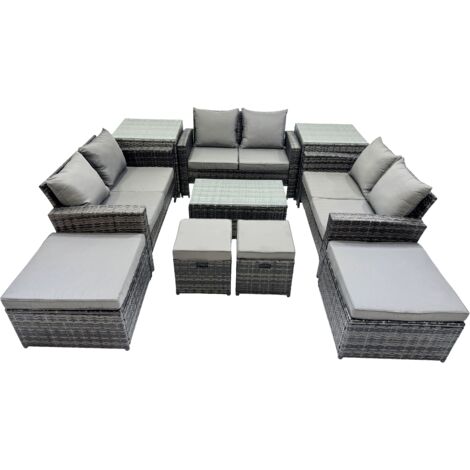 Fimous PE Rattan Garden Furniture Set Lounge Double Seat Sofa Coffee Table Set with 2 Side Tables 4 Stools Dark Grey MixedMixed (1/5)