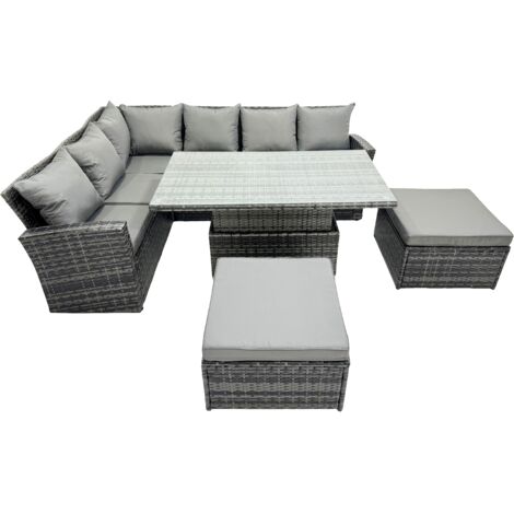 Fimous Poly Rattan Outdoor Patio Height Adjustable Rising Lifting Table Corner Sofa Set with 2 Big Stool for Garden Backyard Dark Grey Mixed (1/5)