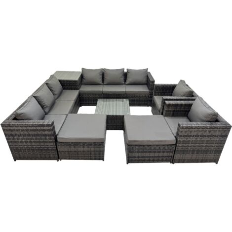 Fimous 10 Seater Garden Outdoor Rattan Furniture Set Patio Corner Sofa Coffee Table with Side Table 2 Big Stool Dark Grey (1/5)