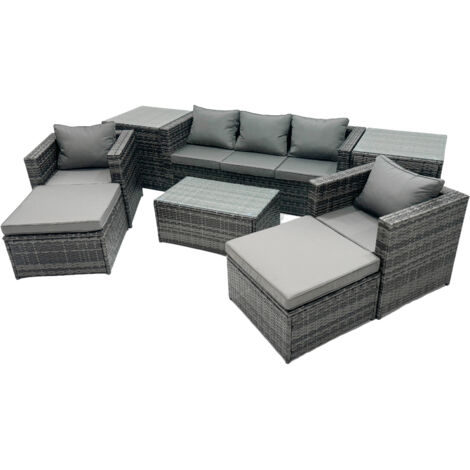 Fimous Outdoor Coffee Table Sofa Armchair Set with 2 Side Tables 2 Big Stools Garden Furniture Set Dark Grey Mixed (1/5)