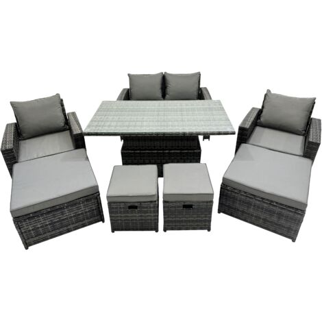 Fimous Outdoor Love Sofa Set 8 Seat Rattan Garden Furniture Set with Adjustable Lifting Dining or Coffee Table 4 Stools Dark Grey Mixed (1/5)