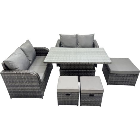 Fimous 7-seater Patio Height Adjustable Rising Lifting Table Sofa Sets Rattan Garden Furniture Dining Set with 3 Stools Dark Grey Mixed (1/5)