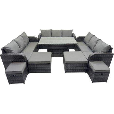 Fimous Rattan Garden Furniture Dining Set 13-seater Patio Height Adjustable Rising Lifting Table Sofa Set with 4 Footstools Dark Grey Mixed