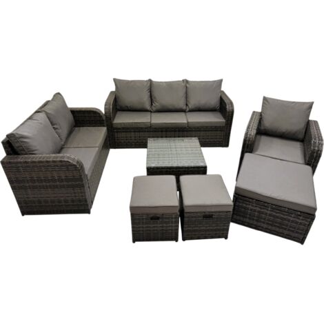 Fimous 3 Seater Sofa Reclining Chair Coffee Table Set Rattan Garden Outdoor Furniture Set with 3 Stool Dark Grey Mixed (1/5)