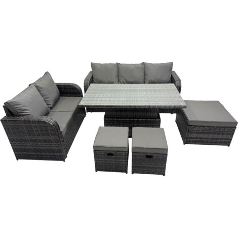 Fimous Rattan Garden Furniture Dining Set 8-seater Patio Height Adjustable Rising Lifting Table Sofa Set with 3 Footstools Dark Grey Mixed (1/5)