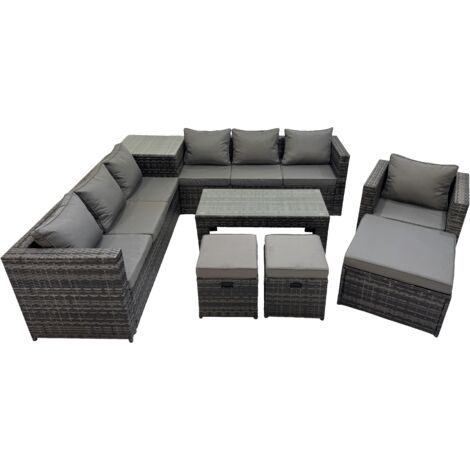 Fimous Garden Rattan Outdoor Furniture Set 10 Seater Patio Corner Sofa Oblong Coffee Table with 3 Stool Side Table Dark Grey (1/5)
