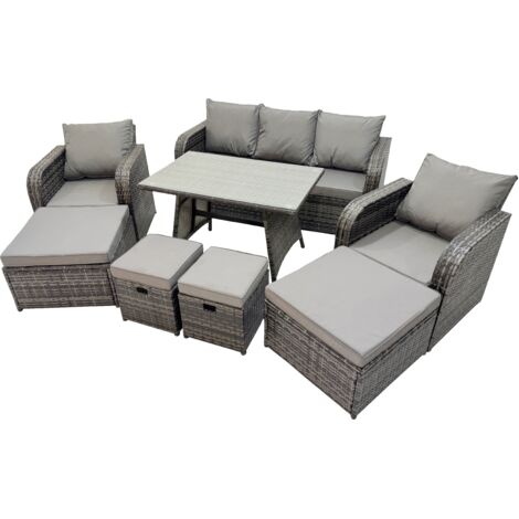 Fimous Garden Rattan Outdoor Furniture Set 9 Seater with 3 Seater Sofa 2 Big Stool 2 Small Stools Dark Grey (1/5)