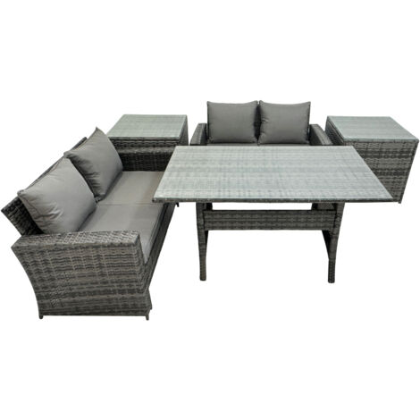 Fimous 4 Seater Wicker PE Rattan Furniture Outdoor Dining Table Double Seat Sofa 2 Side Table Set Dark Grey Mixed