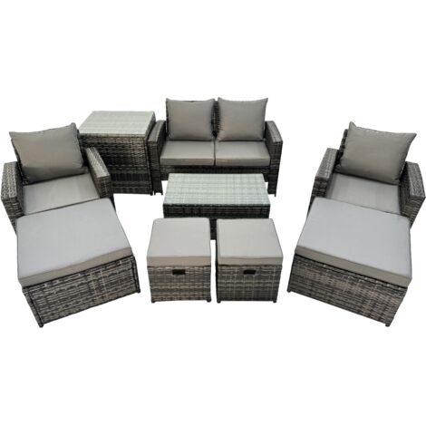 Fimous 8 Seater Wicker PE Rattan Furniture Outdoor Coffee Table Double Seat Sofa 4 Stools Side Table Set Dark Grey Mixed (1/5)