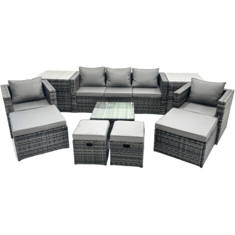 Fimous Outdoor Rattan Garden Furniture Set 9 Seater Patio Lounge Sofa Set with Armchair Square Coffee Table 2 Side Tables 4 Footstool Dark Grey Mixed (1/5)