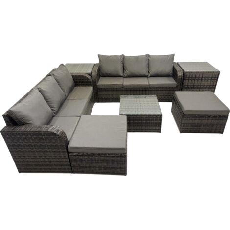 Fimous Rattan Garden Outdoor Furniture Set 3 Seater Sofa Square Coffee Table Set with 2 Big Stools 2 Side Table Dark Grey Mixed