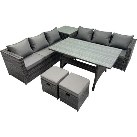 Fimous 8 Seater Outdoor Corner Sofa Dining Table Set Garden Rattan Furniture Set with Side Table 2 Small Stools Dark Grey