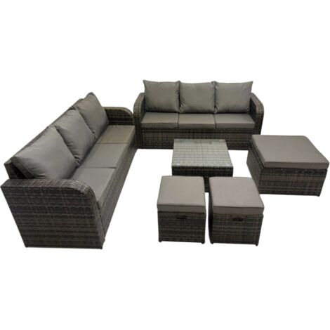 Fimous Rattan Garden Outdoor Furniture Set 3 Seater Sofa Square Coffee Table Set with 3 Stools Dark Grey Mixed (1/5)