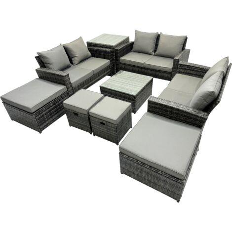 Fimous PE Rattan Garden Furniture Set Lounge Double Seat Sofa Coffee Table Set with Side Table 4 Stools Dark Grey Mixed (1/5)