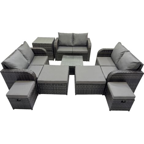 Fimous Rattan Garden Outdoor Furniture Set Love Sofa Square Coffee Table Set with 4 Stools Side Table Dark Grey Mixed (1/5)
