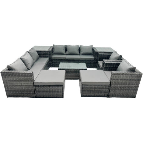 Fimous Rattan Garden Furniture Dining Set 10-seater Patio Coffee Table Sofa Set with 2 Big Stools 2 Side Tables Dark Grey Mixed (1/5)