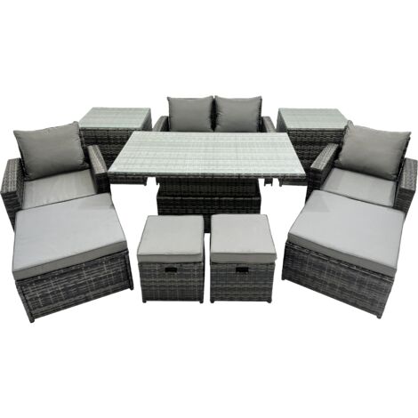 Fimous Outdoor Love Sofa Set 8 Seat Rattan Garden Furniture Set with Adjustable Lifting Dining or Coffee Table 4 Stools 2 Side Table Dark Grey Mixed (1/5)