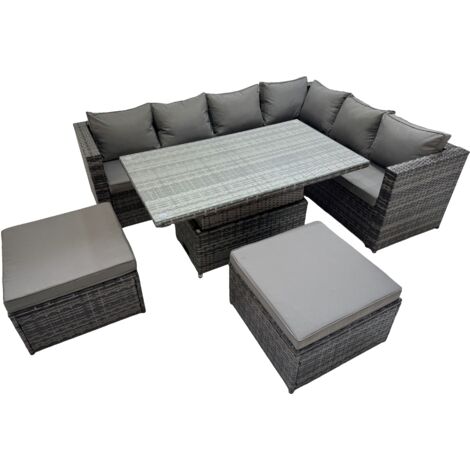 Fimous 8 Seater Rattan Height Adjustable Rising Lifting Table Corner Sofa Sets with 2 Big Footstools Dark Grey Mixed (1/5)