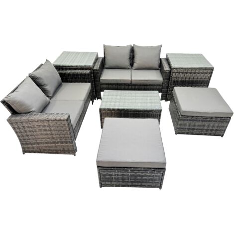 Fimous 6 Seater Wicker PE Rattan Furniture Outdoor Coffee Table Double Seat Sofa 2 Big Stool 2 Side Tables Set Dark Grey Mixed (1/5)