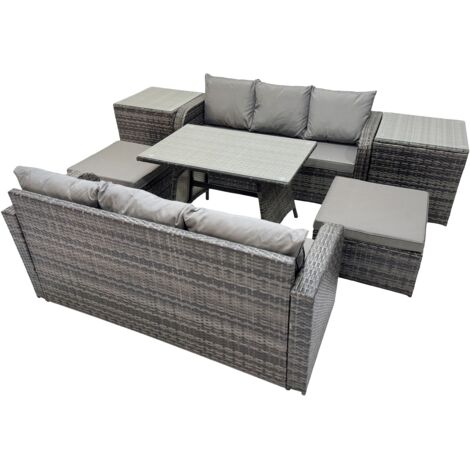 Fimous Garden Rattan Outdoor Furniture Set 8 Seater with 3 Seater Sofa 2 Side Table 2 Big Stools Dark Grey (1/5)