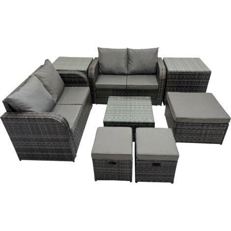Fimous Rattan Garden Outdoor Furniture Set Love Sofa Square Coffee Table Set with 2 Side Tables 3 Stools Dark Grey Mixed (1/5)