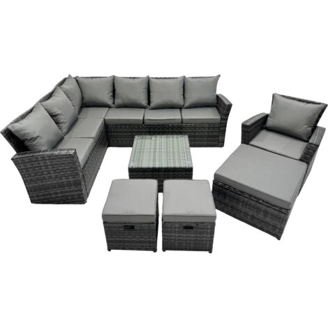 Fimous Poly Rattan Outdoor Patio Coffee Table Corner Sofa Set with 3 Stool Chair for Garden Backyard Dark Grey Mixed (1/5)