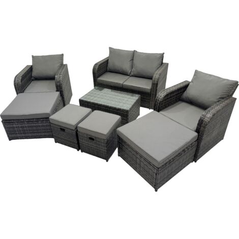 Fimous Outdoor Love Sofa Reclining Chair Coffee Table Set Garden Rattan Furniture Set 8 Seater with 4 Stools Dark Grey (1/5)