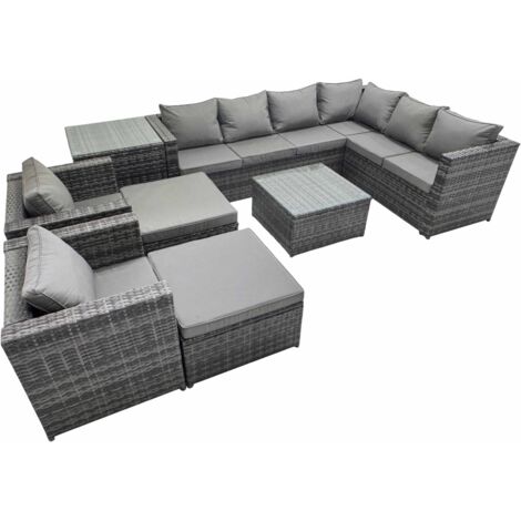 Fimous Outdoor PE Rattan Garden Furniture Sofa Set with Square Coffee Table 2 Big Stools Side Table Dark Grey (1/5)