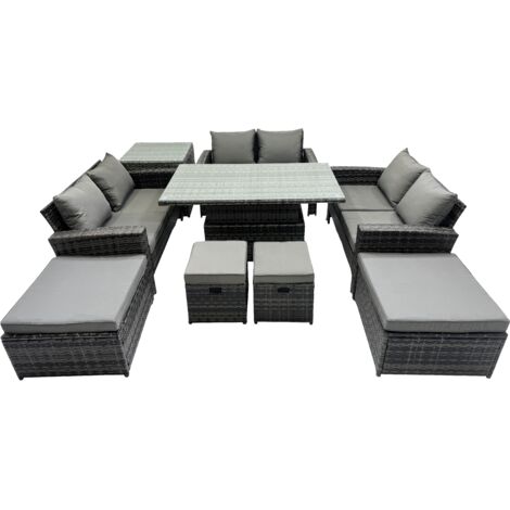 Fimous Outdoor Love Sofa Set 10 Seat Rattan Garden Furniture Set with Adjustable Lifting Dining or Coffee Table Side Table Dark Grey Mixed (1/5)